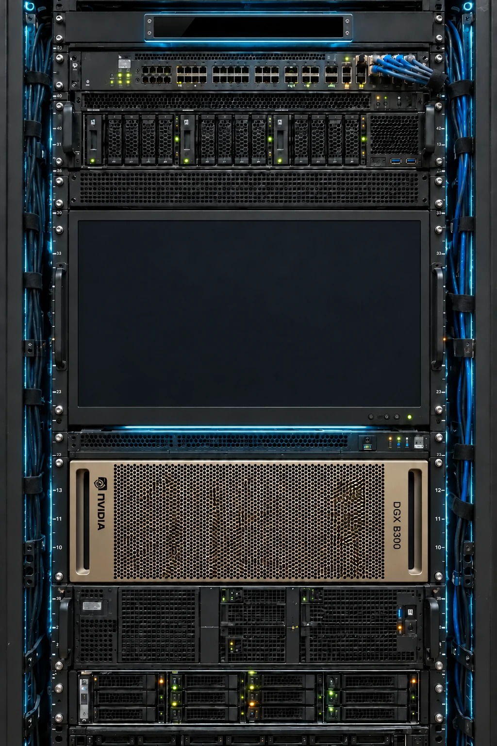 Close-up ATLAS-01 inference server rack with a softly illuminated nameplate, integrated monitor, and NVIDIA DGX B300-style module