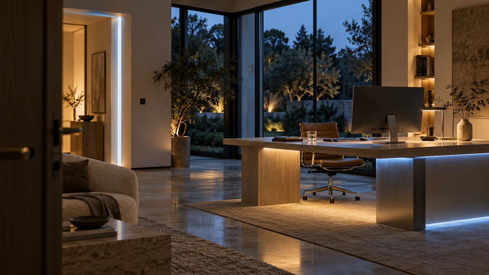 A quiet, human-scale workspace at blue hour.